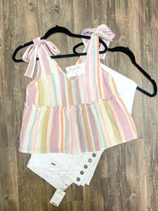 Pastel Stripe Shoulder Tie Top