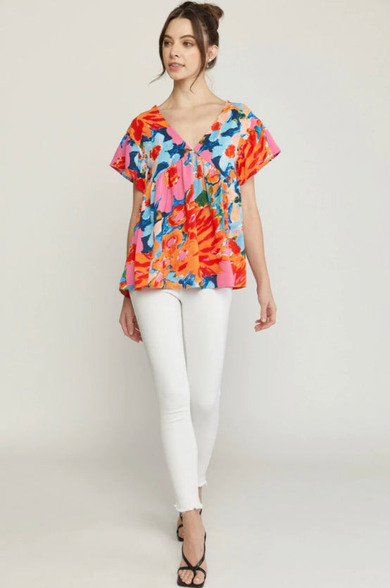 Abstract Floral Babydoll Top - Pink Combo